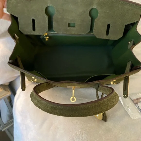 Nee 30cm genuine suede army green top handle handbag Satchels